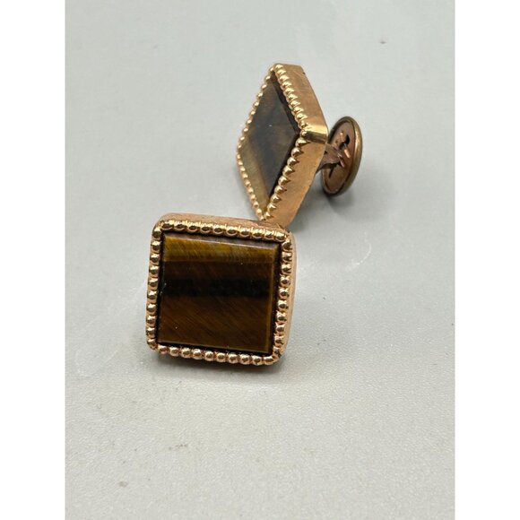 Older Vintage Tigers Eye Square Cufflinks Brown Stone Men Formal Accessory - Picture 5 of 6